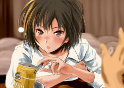 Rule 34 | 1girl, :o, alcohol, amagami, bed, beer, blush, brown eyes, brown hair, can, collarbone, collared shirt, curtains, drunk, indoors, jewelry, looking at viewer, murasaki iro, nanasaki ai, aged up, open mouth, out of frame, pov, revision, ring, shirt, short hair, solo focus, upper body, wedding band, white shirt, wing collar, yebisu