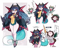 Rule 34 | 2girls, black eyes, breasts, colored sclera, creatures (company), dragapult, game freak, gen 8 pokemon, ghost, gloria (pokemon), highres, long hair, mato tsuyoi, medium breasts, multiple girls, nintendo, personification, pokemon, pokemon swsh, tail, thick thighs, thighs, translation request, wide hips, yellow sclera