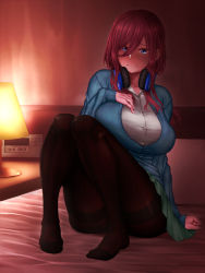 Rule 34 | 1girl, bed, bed sheet, blue cardigan, blue eyes, blush, breasts, brown hair, bsjmrytr-0895, cardigan, clenched hand, closed mouth, collared shirt, dress shirt, full body, go-toubun no hanayome, green skirt, hair between eyes, hand on own chest, headphones, headphones around neck, highres, hotel room, lampshade, large breasts, long hair, looking at viewer, nakano miku, nightstand, pantyhose, pillow, pleated skirt, shirt, sitting, skirt, solo, white shirt