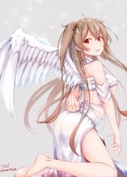 Rule 34 | 1girl, angel wings, artist name, baileys (tranquillity650), barefoot, black ribbon, breasts, brown eyes, grey background, hair between eyes, hair ribbon, heterochromia, highres, kantai collection, large breasts, light brown hair, long hair, murasame (kancolle), red eyes, ribbon, signature, simple background, solo, twintails, twitter username, two side up, wings