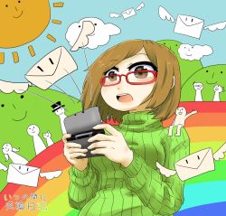 Rule 34 | 1girl, :d, brown eyes, brown hair, copyright name, envelope, glasses, green shirt, handheld game console, hat, kuwabaa, motion lines, nikki (swapnote), nintendo 3ds, open mouth, rainbow, red-framed eyewear, ribbed sweater, shirt, short hair, short twintails, smile, sun, swapnote, sweater, top hat, turtleneck, twintails