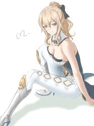 Rule 34 | 1girl, arm support, bare shoulders, blonde hair, blue eyes, boots, bow, breasts, cleavage, closed mouth, coattails, commentary request, detached collar, genshin impact, hair between eyes, hair bow, high heel boots, high heels, high ponytail, highres, jean (genshin impact), long hair, medium breasts, mitsugu, pants, sidelocks, sitting, skin tight, smile, solo, tight clothes, tight pants, white background, white pants