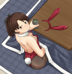 Rule 34 | 1girl, alternate costume, animal ears, ass, black pantyhose, breasts, brown eyes, brown hair, chagamaka, cup, detached collar, downblouse, fake animal ears, from behind, unworn headwear, highres, kantai collection, kotatsu, leotard, looking at viewer, looking back, pantyhose, pasties, playboy bunny, rabbit ears, rabbit tail, red leotard, shikinami (kancolle), short hair, short ponytail, sitting, small breasts, solo, strapless, strapless leotard, table, tail, wrist cuffs, yunomi