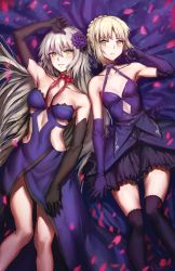 Rule 34 | 2girls, armpits, artoria pendragon (all), artoria pendragon (fate), athenawyrm, bare shoulders, black gloves, black socks, blonde hair, blush, breasts, choker, collarbone, covered navel, dress, elbow gloves, fate/grand order, fate (series), flower, gloves, hair flower, hair ornament, hair ribbon, jeanne d&#039;arc (fate), jeanne d&#039;arc (ruler) (fate), jeanne d&#039;arc alter (avenger) (fate), jeanne d&#039;arc alter (fate), kneehighs, long hair, looking at viewer, lying, medium breasts, multiple girls, official alternate costume, on back, parted lips, petals, purple dress, purple gloves, ribbon, ribbon choker, saber alter, short hair, silver hair, small breasts, smile, socks, very long hair, yellow eyes