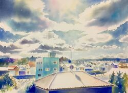 Rule 34 | antennae, blue sky, building, cloud, cloudy sky, didi daisukedoi, highres, horizon, mountainous horizon, no humans, original, painting (medium), scenery, shadow, sky, sunlight, traditional media, tree, watercolor (medium)