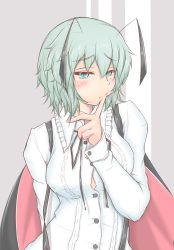 Rule 34 | 1girl, alternate breast size, antennae, aqua eyes, arm behind back, blouse, blush, breasts, buttons, cape, cheek poking, cube85, green hair, hair between eyes, highres, large breasts, lips, long sleeves, looking at viewer, poking, shirt, short hair, solo, suspenders, touhou, upper body, white shirt, wriggle nightbug