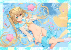 Rule 34 | 1girl, aqua eyes, blonde hair, breasts, clothes pull, cropped shirt, food, hair ornament, hairclip, highres, long hair, long sleeves, lying, nail polish, navel, omelet tomato, open mouth, original, panties, popsicle, sailor collar, see-through, see-through shirt, shirt, small breasts, solo, twintails, underwear, white panties
