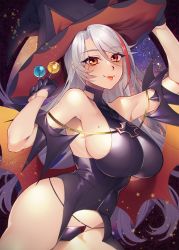 Rule 34 | 1girl, azur lane, black gloves, black leotard, breasts, candy, closed mouth, demon wings, fang, food, gloves, hair between eyes, halloween, hand on headwear, hat, highres, large breasts, leotard, lips, lollipop, long hair, looking at viewer, maitei roppa, mixed-language commentary, mole, mole on breast, multicolored hair, prinz eugen (azur lane), red eyes, red hair, sidelocks, silver hair, skindentation, smile, solo, standing, streaked hair, wings, witch hat