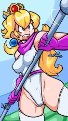 Rule 34 | 1boy, 1girl, adapted costume, artist self-insert, axe, belt, blonde hair, blue eyes, blush, breasts, cameltoe, cleft of venus, covered navel, crown, curvy, dahs, female focus, gloves, gunshad, highleg, highleg leotard, highres, holding, holding axe, holding weapon, jewelry, large breasts, leotard, long hair, looking to the side, mario (series), mini crown, nintendo, open mouth, pink gloves, polearm, princess peach, revealing clothes, scarf, shiny skin, sky, solo, the super mario bros. movie, thighhighs, thong leotard, very long hair, weapon, white leotard, white thighhighs, wide hips