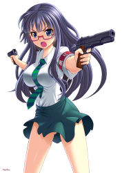 Rule 34 | 1girl, armband, blue eyes, blush, breasts, clothes lift, cocked hammer, dual wielding, glasses, gun, handgun, highres, holding, large breasts, long hair, looking at viewer, m1911, necktie, number10 (hagakure), open mouth, original, pistol, purple hair, school uniform, shiny skin, shirt, short sleeves, simple background, skirt, skirt lift, solo, sweat, sweatdrop, taut clothes, taut shirt, tie clip, weapon, wind, wind lift