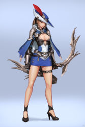 Rule 34 | 1girl, absurdres, archery, archery shooting glove, belt, black footwear, black gloves, blue background, blue hat, blue skirt, bow (weapon), breasts, brown eyes, brown hair, cleavage, clenched hand, closed mouth, commentary, dae jun park, full body, gauntlets, gloves, gradient background, hat, hat feather, high-waist skirt, high heels, highres, holding, holding bow (weapon), holding weapon, lips, looking at viewer, medium breasts, original, partially fingerless gloves, pencil skirt, ponytail, realistic, shadow, shoes, skindentation, skirt, solo, standing, thigh strap, weapon