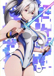 Rule 34 | 1girl, absurdres, bare shoulders, blue bow, blue one-piece swimsuit, bow, breasts, commentary request, controller, energy sword, fate/grand order, fate (series), front zipper swimsuit, game controller, hair between eyes, hair bow, highleg, highleg swimsuit, highres, long hair, medium breasts, meme attire, multicolored clothes, multicolored swimsuit, one-piece swimsuit, patrick reyes ii, ponytail, red eyes, silver hair, smile, solo, striped wristband, swimsuit, sword, tomoe gozen (fate), tomoe gozen (swimsuit saber) (fate), two-tone swimsuit, very long hair, weapon, white one-piece swimsuit