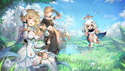 Rule 34 | 1boy, 2girls, :d, aether (genshin impact), ahoge, architecture, arm guards, bare shoulders, beach, bird, black gloves, blonde hair, blue eyes, blue sky, boots, braid, braided ponytail, bridal gauntlets, brother and sister, building, cathedral, chinese commentary, chromatic aberration, closed mouth, cloud, cloudy sky, constellation, dandelion, dandelion seed, day, detached sleeves, dress, fairy, floating, flower, genshin impact, gloves, hair between eyes, hair flaps, hair flower, hair ornament, highres, hill, lake, landscape, leaf, long braid, long hair, long sleeves, lumine (genshin impact), midriff, mountain, mountainous horizon, multiple girls, nature, open mouth, outdoors, paimon (genshin impact), sand, scarf, scenery, short hair with long locks, siblings, sidelocks, single braid, sitting, sky, sleeveless, sleeveless dress, smile, spade-m, star (symbol), star hair ornament, thighhighs, tower, tree, twins, water, white dress, white flower, white hair, wind, windmill