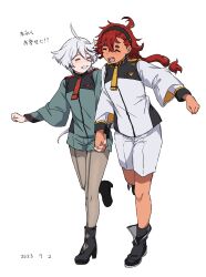 Rule 34 | 2girls, ahoge, asticassia school uniform, black footwear, black pantyhose, boots, closed eyes, commentary request, couple, green jacket, green shorts, gundam, gundam suisei no majo, highres, holding hands, jacket, long hair, long sleeves, miorine rembran, multiple girls, open mouth, pantyhose, red hair, school uniform, shorts, simple background, smile, suletta mercury, takatisakana, translation request, white background, white jacket, white shorts, yuri