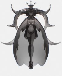 Rule 34 | 1girl, absurdres, antlers, arms at sides, black hair, blunt bangs, breasts, cape, chromatic aberration, crop top, crown, deer girl, doll joints, double bun, full body, grey background, greyscale, hair bun, highres, horns, joints, large breasts, long sleeves, looking at viewer, medium breasts, midriff, monochrome, navel, o-ring, original, platform footwear, renimo-deer, shorts, simple background, single thighhigh, solo, standing, straight-on, thighhighs, underboob