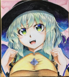 Rule 34 | 1girl, 283win, absurdres, acrylic paint (medium), black headwear, breasts, commentary request, green eyes, green hair, highres, komeiji koishi, large breasts, looking at viewer, open mouth, painting (medium), photo (medium), shikishi, solo, teeth, touhou, traditional media, upper body, upper teeth only