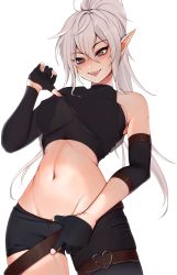 Rule 34 | 1girl, absurdres, asymmetrical clothes, belt, black gloves, black pants, black shirt, blush, breasts, brown belt, clothes lift, commentary request, cowboy shot, elf, elfboiii, eyes visible through hair, fangs, gloves, grey eyes, groin, hair between eyes, hand in pants, heart, highres, lifted by self, long hair, medium breasts, midriff, navel, open mouth, original, pants, partially fingerless gloves, pointy ears, ponytail, shirt, shirt lift, simple background, single pantsleg, single sleeve, solo, standing, stomach, thigh strap, tongue, white background, white hair