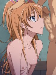 Rule 34 | 10s, 1boy, 1girl, blue eyes, breasts, censored, fellatio, hair ribbon, hand on another&#039;s head, highres, houjou hibiki, ice place, long hair, looking at penis, nipples, nude, oral, orange hair, penis, penis on face, precure, ribbon, small breasts, suite precure, sweat