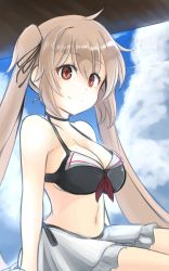 Rule 34 | 10eki (tenchou), 10s, 1girl, bare shoulders, bikini, bikini skirt, bikini top only, black bikini, black ribbon, blue sky, breasts, brown eyes, choker, cleavage, cloud, cloudy sky, day, hair ribbon, highres, kantai collection, large breasts, light brown hair, long hair, looking at viewer, murasame (kancolle), navel, ribbon, skirt, sky, smile, solo, swimsuit, twintails, white skirt