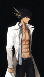 Rule 34 | 1boy, abs, belt, black background, black hair, black pants, blue eyes, chinese commentary, clenched hand, coat, commentary, facing to the side, grey shirt, highres, lab coat, male focus, multicolored hair, muscular, muscular male, naoki (2rzmcaizerails6), official alternate costume, open clothes, open coat, pants, pectorals, shirt, simple background, solo, spiked hair, streaked hair, unbuttoned, unbuttoned shirt, upper body, white coat, yu-gi-oh!, yu-gi-oh! 5d&#039;s