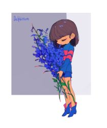 Rule 34 | 1girl, blue flower, blue footwear, blue shirt, blue shorts, brown hair, closed eyes, flower, frisk (undertale), full body, holding, holding flower, long sleeves, looking down, shirt, short hair, shorts, solo, soseji (tjduswjd), standing, striped clothes, striped shirt, undertale, white background
