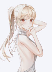 Rule 34 | 1girl, absurdres, arm up, back, backless outfit, bare arms, bare shoulders, blonde hair, breasts, from side, hamong0, hand up, highres, long hair, looking at viewer, looking to the side, meme attire, no bra, original, ponytail, red eyes, ribbed sweater, sidelocks, simple background, small breasts, smile, solo, sweater, upper body, virgin killer sweater, white background