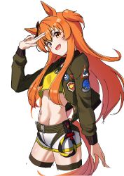Rule 34 | 1girl, absurdres, animal ears, black bow, bomber jacket, bow, breasts, commentary, cowboy shot, ear bow, green jacket, hair between eyes, harness, highres, horse ears, horse girl, horse tail, jacket, long hair, long sleeves, looking at viewer, mayano top gun (umamusume), midriff, navel, orange eyes, orange hair, salute, senchan 7, shorts, simple background, small breasts, smile, solo, symbol-only commentary, tail, tank top, thigh strap, two-finger salute, two side up, umamusume, white background, white shorts, yellow tank top