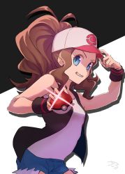 Rule 34 | 1girl, absurdres, baseball cap, black background, black vest, blue eyes, breasts, brown hair, creatures (company), denim, denim shorts, from side, game freak, gradient background, hair through headwear, hand on headwear, hat, high ponytail, highres, hilda (pokemon), holding, holding poke ball, kodolook (kyxs), long hair, looking at viewer, nintendo, poke ball, poke ball (basic), poke ball print, pokemon, pokemon bw, ponytail, shadow, short shorts, shorts, signature, small breasts, smirk, solo, sparkle, tank top, v-shaped eyebrows, vest, white background, white tank top, wristband