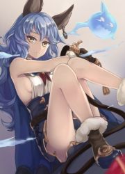 Rule 34 | 10s, 1girl, animal ears, bare shoulders, belt, belt skirt, blue hair, blue skirt, breasts, brown gloves, cape, cat ears, colored eyelashes, dutch angle, earrings, erune, ferry (granblue fantasy), from below, gloves, granblue fantasy, hand on own knee, highres, hoop earrings, jewelry, long hair, looking at viewer, medium breasts, parted lips, pink background, riffey, sideboob, simple background, single earring, sitting, skirt, small breasts, solo, thighs, very long hair, wavy hair, yellow eyes