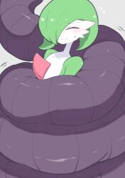 Rule 34 | 1girl, ^ ^, arbok, blush, bob cut, closed eyes, closed mouth, collarbone, colored skin, constriction, creatures (company), ear blush, female focus, flat chest, flying sweatdrops, game freak, gardevoir, gen 1 pokemon, gen 3 pokemon, green hair, green skin, grey background, hair over one eye, highres, motion lines, multicolored skin, nintendo, one eye covered, pokemon, pokemon (creature), rxq, short hair, simple background, snake, solo focus, sweat, two-tone skin, upper body, white skin