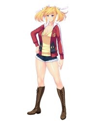 Rule 34 | 1girl, animal print, bare legs, blonde hair, blue eyes, boots, breasts, casual, cat print, cleavage, closed mouth, collarbone, cross-laced footwear, cutoffs, denim, denim shorts, drawstring, female focus, full body, hair ribbon, hood, hood down, hoodie, knee boots, large breasts, legs apart, light smile, lilith-soft, long sleeves, looking at viewer, open clothes, open hoodie, paw print, pointy ears, ribbon, shinganji kurenai, shiny skin, short shorts, short twintails, shorts, single vertical stripe, smile, solo, standing, sweater, taimanin (series), taimanin kurenai, thighs, transparent background, twintails, white ribbon, zipper, zol