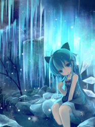 Rule 34 | 1girl, adapted costume, between legs, blue eyes, blue hair, blue theme, blurry, bow, chii (tsumami tsumamare), cirno, dress, food, hair bow, hand between legs, head tilt, highres, ice, ice wings, icicle, looking at viewer, matching hair/eyes, no pupils, open mouth, popsicle, scenery, short hair, sitting, sleeveless, sleeveless dress, snow, snowflakes, snowing, soaking feet, solo, touhou, wings, winter