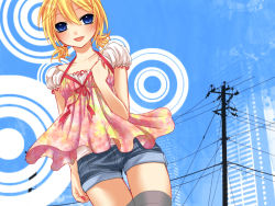 Rule 34 | 1girl, :d, bad id, bad pixiv id, blonde hair, blue eyes, denim, denim shorts, kagamine rin, looking at viewer, open mouth, power lines, short hair, shorts, smile, solo, thigh gap, thighhighs, thighs, twintails, utility pole, vocaloid, yayoi (egoistic realism)