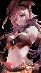 Rule 34 | 1girl, absurdres, bare shoulders, black background, breasts, cleavage, crop top, detached sleeves, genshin impact, green eyes, hat, highres, long hair, looking at viewer, midriff, navel, pink hair, sazanka, small breasts, solo, stomach, upper body, very long hair, yanfei (genshin impact)