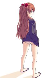 Rule 34 | 1girl, artist request, ass, bare legs, blue eyes, brown hair, evangelion: 3.0+1.0 thrice upon a time, expressionless, eyepatch, feet, from above, full body, green jacket, hair ornament, hair over one eye, hands in pockets, highres, jacket, long hair, looking away, neon genesis evangelion, open clothes, panties, rebuild of evangelion, shiny skin, souryuu asuka langley, standing, thigh gap, two side up, underwear, white panties, wide hips