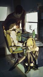 Rule 34 | 1girl, 2boys, amane misa, bare shoulders, black dress, black eyes, black hair, blonde hair, blue eyes, boots, brown hair, chair, computer, cup, death note, denim, desk, doodoopi4, dress, garter straps, goth fashion, high heel boots, high heels, highres, indoors, jeans, jewelry, keyboard (computer), l (death note), lace, lace legwear, lace sleeves, lace thighhighs, leaning forward, microphone, mug, multiple boys, necklace, pants, parfait, plate, short hair, sitting, standing, two side up, yagami light