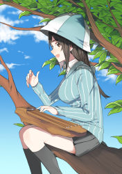 Rule 34 | 10s, 1girl, blue hat, blue shirt, brown eyes, brown hair, day, dress shirt, from side, girls und panzer, grey skirt, grey socks, hat, in tree, instrument, kantele, long hair, long sleeves, looking at viewer, mika (girls und panzer), miniskirt, music, nesume, open mouth, outdoors, playing instrument, pleated skirt, school uniform, shirt, sitting, sitting in tree, skirt, smile, socks, solo, striped clothes, striped shirt, tree, vertical-striped clothes, vertical-striped shirt, white shirt