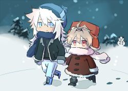 Rule 34 | 2boys, ahoge, black footwear, black gloves, blue eyes, blue footwear, blue gloves, blue headwear, blue scarf, boots, brown coat, brown hair, coat, duffel coat, fate/apocrypha, fate (series), fur-trimmed jacket, fur coat, fur hat, fur scarf, fur trim, gloves, grey jacket, grey shirt, hand grab, hat, jacket, kuili san, long hair, looking at another, male focus, multiple boys, open clothes, open jacket, pants, pine tree, red eyes, red headwear, scarf, scarf over mouth, shirt, short hair, sieg (fate), siegfried (fate), silver hair, snow, snowing, snowman, tree, white scarf, winter clothes