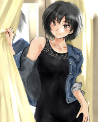 Rule 34 | 1girl, amagami, black dress, black hair, blue jacket, blush, brown eyes, closed mouth, collarbone, curtains, denim, denim jacket, dress, duplicate, hand on own hip, head tilt, indoors, jacket, jewelry, looking at viewer, mirror, murasaki iro, nanasaki ai, off shoulder, open clothes, open jacket, reflection, revision, ring, short hair, single bare shoulder, sleeves past elbows, smile, solo, unbuttoned, upper body