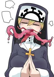 1girl, 2018, blonde hair, cross, cross necklace, double (skullgirls), drooling, eyes closed, hands together, highres, jewelry, long tongue, monster girl, necklace, nun, open mouth, praying, skullgirls, solo, speech bubble, tentacle, tomatojam, tongue, tongue out, upper body, white background