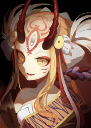 Rule 34 | 1girl, :d, absurdres, bai yan, bare shoulders, black background, blonde hair, bow, breasts, collarbone, dress, earrings, eyelashes, eyeshadow, facepaint, facial mark, fang, fate/grand order, fate (series), forehead mark, hair bow, hair ornament, highres, horns, ibaraki douji (fate), japanese clothes, jewelry, kimono, long hair, looking at viewer, makeup, mascara, off-shoulder dress, off shoulder, oni, oni horns, open mouth, rope, simple background, slit pupils, small breasts, smile, solo, tattoo, teeth, tongue, upper body, white bow, yellow eyes, yellow kimono