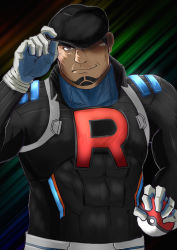 Rule 34 | 1boy, black hat, brown eyes, cliff (pokemon), closed mouth, commentary request, creatures (company), game freak, gloves, grey gloves, hand on headwear, hand up, hat, highres, holding, holding poke ball, logo, looking at viewer, male focus, muscular, muscular male, nintendo, poke ball, poke ball (basic), pokemon, pokemon go, short hair, smile, solo, tatatan (ts kon2), team rocket, upper body