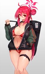 Rule 34 | 1girl, alternate costume, antenna hair, bikini, bikini under clothes, blue archive, blush, breasts, breasts apart, collarbone, feet out of frame, groin, hair bun, halo, hand in pocket, highres, jacket, large breasts, letterman jacket, looking at viewer, mole, mole on collarbone, mole on thigh, mole under eye, navel, notte, red bikini, red eyes, red hair, reijo (blue archive), side-tie peek, simple background, single side bun, solo, swimsuit, thigh strap