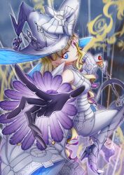 Rule 34 | 1girl, absurdres, blonde hair, breasts, detached sleeves, diabellze the original sinkeeper, duel monster, gloves, hat, high heels, highres, holding, holding staff, jrcp4372, large breasts, long hair, looking at viewer, open mouth, smile, solo, staff, witch, witch hat, yu-gi-oh!