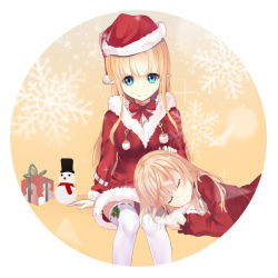 Rule 34 | 2girls, arm support, blonde hair, blue eyes, blush, box, breasts, christmas, closed eyes, closed mouth, commentary request, dress, fur-trimmed dress, fur trim, gift, gift box, hand on another&#039;s head, hat, highres, karin (fineyanny), lap pillow, long hair, looking at viewer, lying, medium breasts, multiple girls, on side, original, ponytail, red dress, red hat, red shirt, ribbon-trimmed legwear, ribbon trim, santa costume, santa hat, shirt, sitting, smile, snowman, thighhighs, very long hair, white legwear