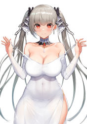 Rule 34 | 1girl, azur lane, bare shoulders, black bow, black ribbon, blush, bow, breasts, cleavage, closed mouth, clothes pull, collarbone, commentary request, covered navel, cowboy shot, detached collar, detached sleeves, dress, dress pull, earrings, formidable (azur lane), greem bang, grey hair, hair ribbon, highres, jewelry, large breasts, long hair, looking at viewer, nail polish, pulling own clothes, red eyes, ribbon, see-through, see-through silhouette, side slit, simple background, single earring, skin tight, skindentation, smile, solo, standing, strap lift, twintails, two-tone ribbon, very long hair, white background, white dress, white ribbon, white sleeves