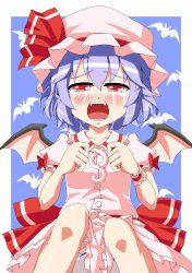Rule 34 | 1girl, absurdres, bat wings, blue hair, crying, crying with eyes open, emu ichigo, fangs, female focus, hat, highres, open mouth, red eyes, remilia scarlet, short hair, solo, tears, touhou, wings