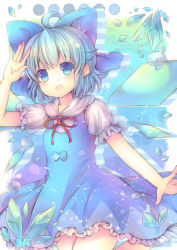 Rule 34 | 1girl, blonde hair, blue dress, blue eyes, bow, cirno, coa (chroo x), dress, hair bow, ice, ice wings, looking at viewer, open mouth, puffy sleeves, shirt, solo, touhou, wings