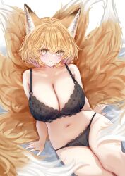 Rule 34 | 1girl, animal ears, arm support, black bra, black panties, blonde hair, bra, breasts, cleavage, closed mouth, commentary request, fox ears, fox girl, highres, kitsune, kyuubi, large breasts, looking at viewer, multiple tails, navel, panties, sarasadou dan, short hair, sitting, skindentation, smile, solo, stomach, tail, thighs, touhou, underwear, yakumo ran, yellow eyes