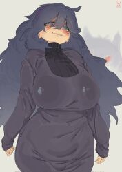 Rule 34 | 1girl, @ @, alternate breast size, blush, breasts, creatures (company), game freak, gen 1 pokemon, gengar, hex maniac (pokemon), highres, huge breasts, khentaiu, long hair, looking at viewer, nintendo, pokemon, pokemon xy, simple background, smile, solo, sweater, very long hair